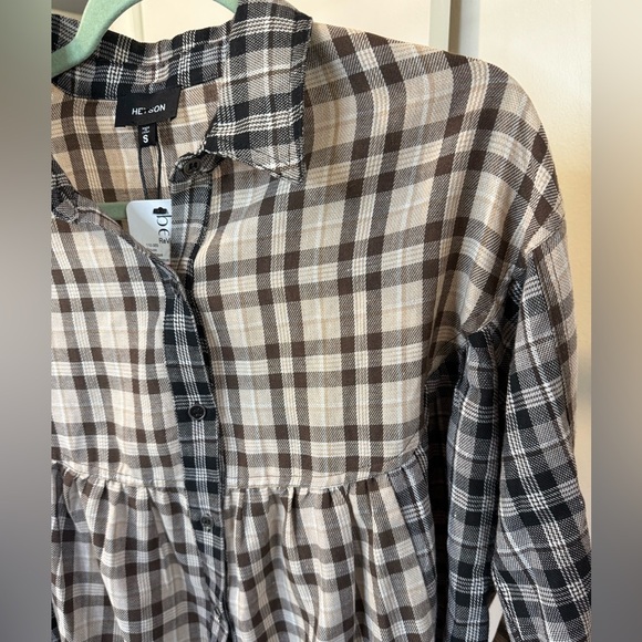 Heyson Brown, Cream and Black Plaid Button-Up Peplum Shirt New - Picture 2 of 7